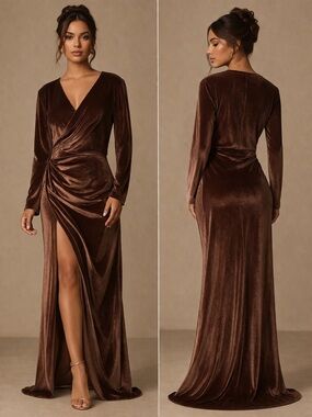 ✨ NWT Chocolate Brown Velvet Wrap Gown | Size 14 | Elegant Evening Dress ✨